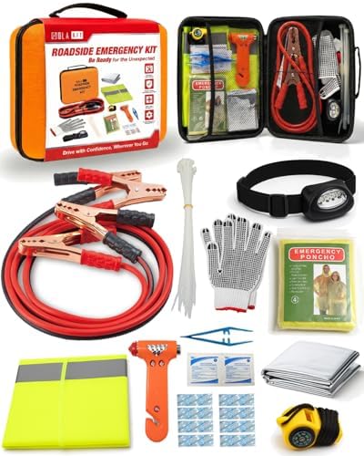 HolaKit Car Emergency Kit – Roadside Safety Kit with Jumper Cables, LED Headlamp, First Aid, EVA Bag, Poncho, Safety Vest & More – Ideal for Cars, SUVs, Teen Drivers & Families