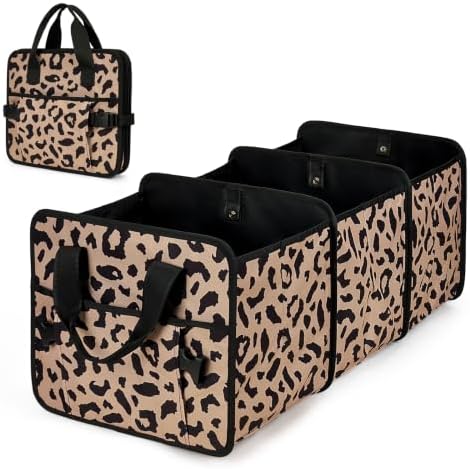 Leopard Trunk Organizer Foldable Car Organizer Portable Car Accessories for SUV & Sedans Waterproof Nylon Storage Box