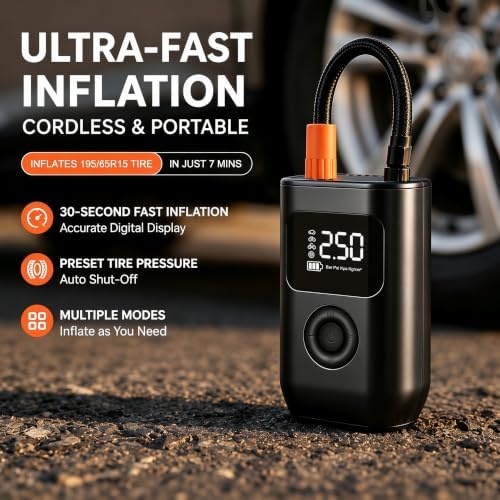 Portable Cordless Tire Inflator, Digital Air Compressor with LED Light, Auto Shut-Off, 4 Pressure Modes, Rechargeable, for Car, Bike, Ball