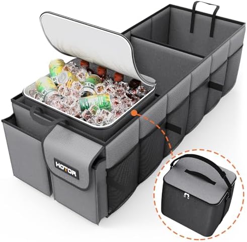 HOTOR Trunk Organizer, Sturdy Foldable with Cooler for Car & SUV, 3 Compartments, Grey, 30.90”×12.60”×10.63”