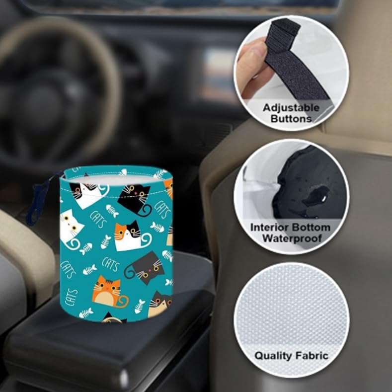 Portable Reusable Waterproof Car Trash Bin, Multipurpose Vehicle Organizer, Road Trip Essentials (Certoon cat)