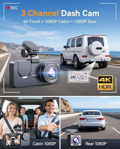 Dash Cam Front and Rear Inside, 4K Full HD 3 Channel Dash Camera for Car