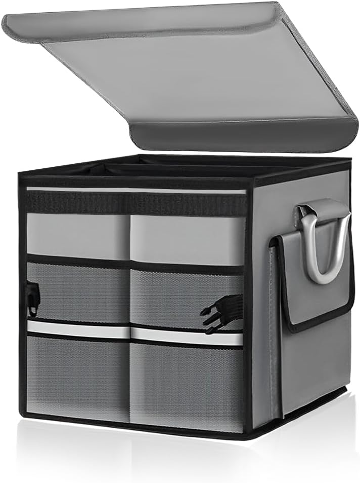 Trunk Organizer with Lid, 28L Collapsible Cargo Organizer with Aluminum Handles & Reflective Strip, Multi-Purpose Waterproof Oxford Storage Box for Cars Trucks SUVs Minivans (Gray)