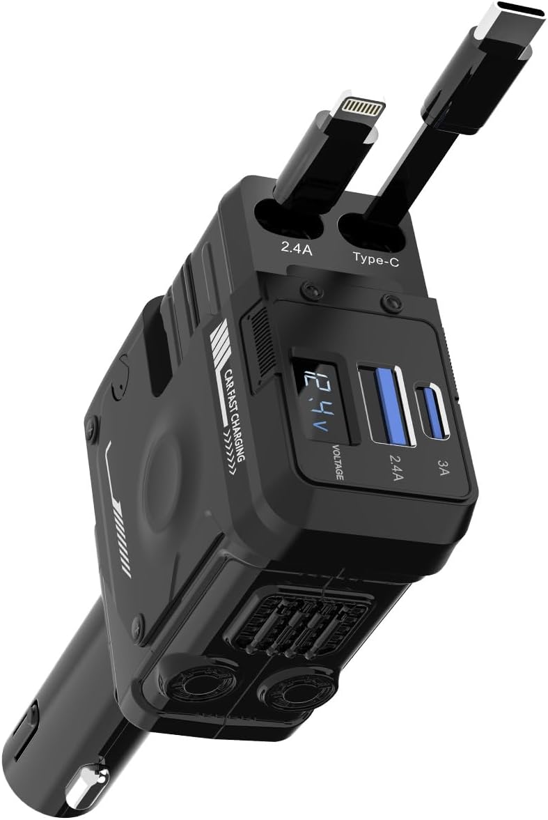 Retractable Car Charger, 4 in 1 66W Fast Charging USB C Car Charger