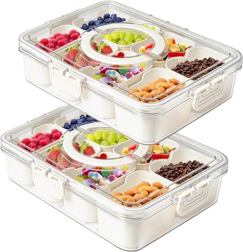 2Pack Divided Veggie Tray with Lid and Handle 8 Compartment Serving Tray with Dividers Portable Travel Snack Containers Stackable Snackle Box Charcuterie Container for Fruit,Vegetable,Salad