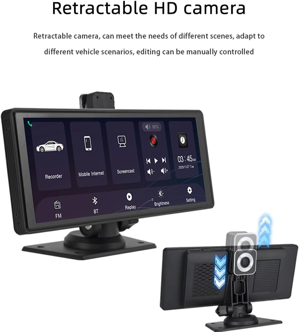 Portable Car Stereo with Wireless Carplay Android Auto, Car Radio 9.3 Inch IPS Touch Screen Car Monitor with AHD Reverse Camera/DVR/FM Transmitter/Bluetooth/AUX/Mirror Link Dash or Windshield Mounted