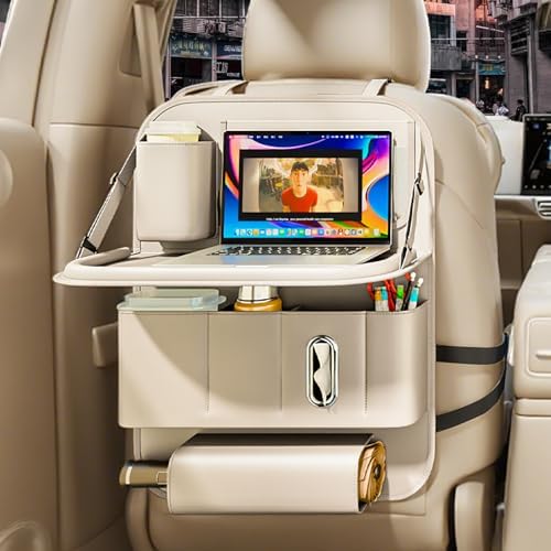 GMQ Backseat Car Organizer with Tray 1 Pack,Car Backseat Organizer with Foldable Table for Kids,Multifunctional Seat Back Organizer with Storage Pockets Car Storage Organizer (Beige)