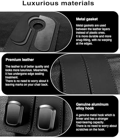 Car Hooks for Headrest, 2Pcs Seat Back Storage Hook Luxurious Leather 100% Metal Multifunctional Car Hanger & Holder for Heatrest, Seat, Bag, Purse (Black)
