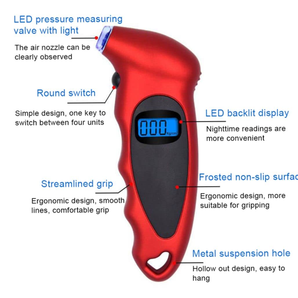 Digital Tire Pressure Gauge, Digital Tire Pressure Reader, High Precision tire Pressure Reading Device, Tire Diagnostic Tool, 100 PSI 4 Settings for Car Truck Bicycle with Backlit LCD (Red)