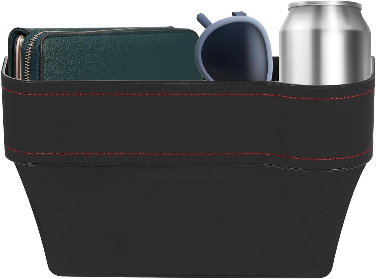 HARFINGTON Car Seat Gap Filler Organizer 10.2 x 6.5 x 3.1 Inch ABS+Leather Universal Car Organizer Storage Box Between Seat and Console (Right) with Cup Holders for Phone Keys, Black