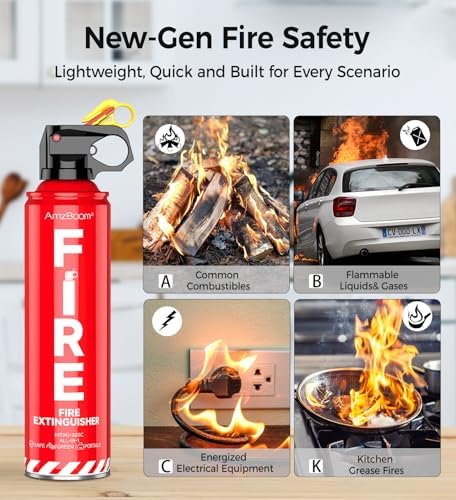 AmzBoom Fire Extinguisher for Home, Car, Kitchen, and Boat 3-Pack, Portable Extinguishing Aerosol Spray Compact A, B, C, K – Includes Mounting Brackets for Easy Access.