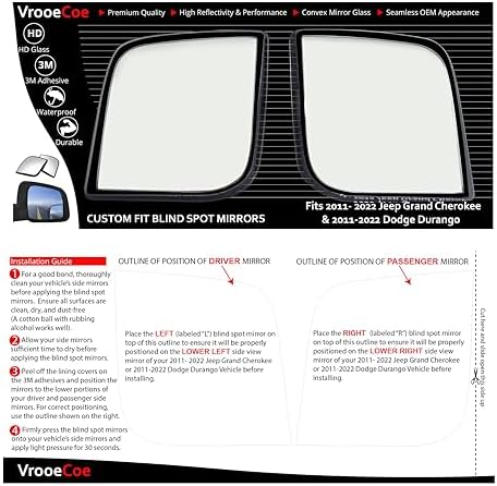 Convex Stick On Custom Fitted Blind Spot Mirrors Compatible With 2011-2022 Jeep Grand Cherokee & 2011-2022 Dodge Durango