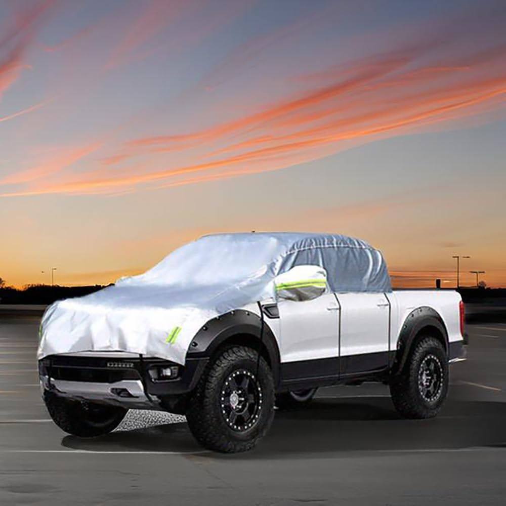 Half Car Cover with Cotton All Weather Car Body Covers Outdoor Indoor for All Season Waterproof Dustproof UV Resistant Snowproof Universal (Pickup (Crew Cab))