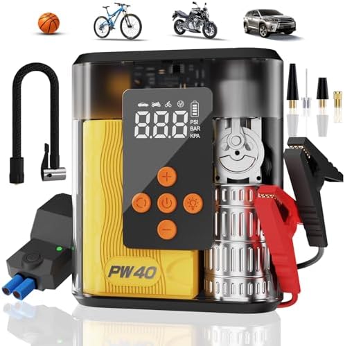 Jump Starter with Air Compressor, 4000A Peak Car Battery Charger, 200 PSI Tire Inflator, Heavy Duty Power Pack for Up to 9.0L Gas, 8.0L Diesel Engines, LED Light, USB Ports, Emergency Road Kit