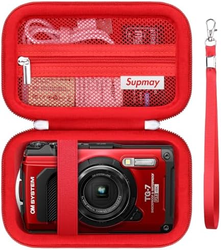 Carrying Case for OM System OLYMPUS Tough TG-7 / Tough TG-6 / TG-5 / TG-4 Underwater Digital Camera, Storage Holder Travel Bag with Mesh Pocket for Battery Pack, Charging Cable, Red
