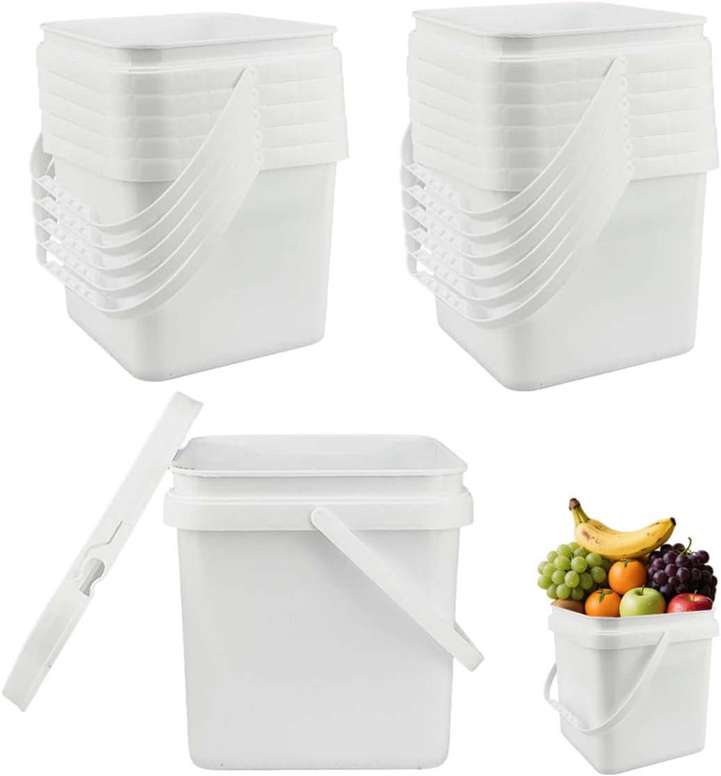 12 Pcs 1 Gallon Square Bucket with Lid Duty Plastic 5L Stackable Multipur Pose Buckets with Handle Suitable for Food Storage Car Wash Paint Bucket for Fishing Household Cleaning（White）