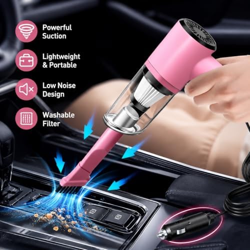 1-Piece Corded Car Vacuum, Portable Handheld Interior Cleaner, Pink