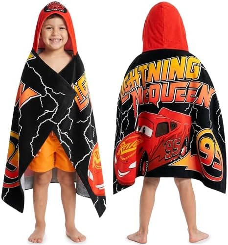 Disney Pixar Cars Bath Towels with Hood for Boys, Ages 2-6, Lightning McQueen Soft and Absorbent Hooded Cotton Beach Towel Wrap, Swimming Pool Poncho, Gifts for Boys (Red/Black Cars)
