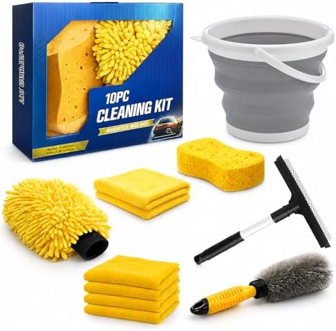 10Pcs Car Wash Detailing Kit Cleaning Kits,with Collapsible Bucket Wash Mitt Sponge Terry Towels Wheel Brush Window Scraper Coral Velvet Towel, Car Cleaning Tools Kit for Interior, Exterior, Wheels