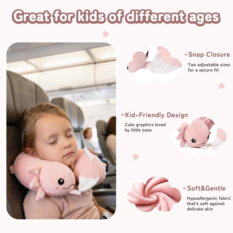 Niuniu Daddy Pink Axolotl Kids Travel Neck Pillow (3-8 Y/O), Memory Foam Toddler Pillows for Head &amp; Chin Support, Cute Sleeping Essentials for Car Seat, Airplane, Stroller and Long Road Trip