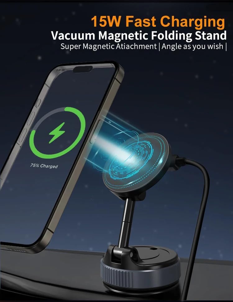 MagSafe Car Mount Fast Charger 15W, Magnetic Wireless Car Charger, 360° Adjustable Dashboard Holder, Hands-Free, Compatible iPhone MagSafe & Android [105+LBS Suction & 3800gf Magnetic
