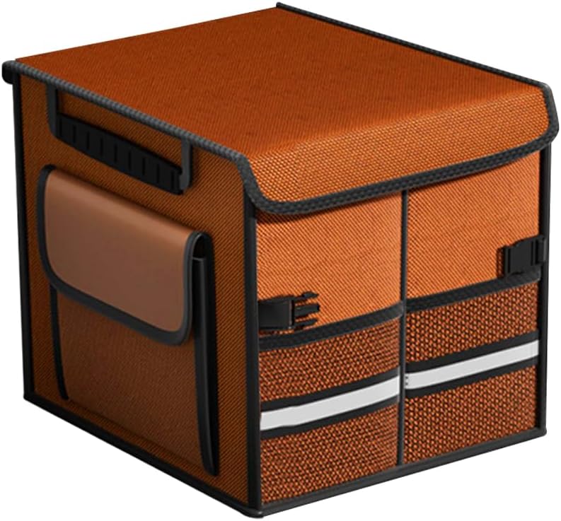 HZEL Car Trunk Organizer with Lid, Foldable Slip Resistant Multi-Compartment Vehicle Cargo Storage Box, Collapsible Waterproof Automotive Trunk Organizer, Universal for SUV Van Truck (Orange)