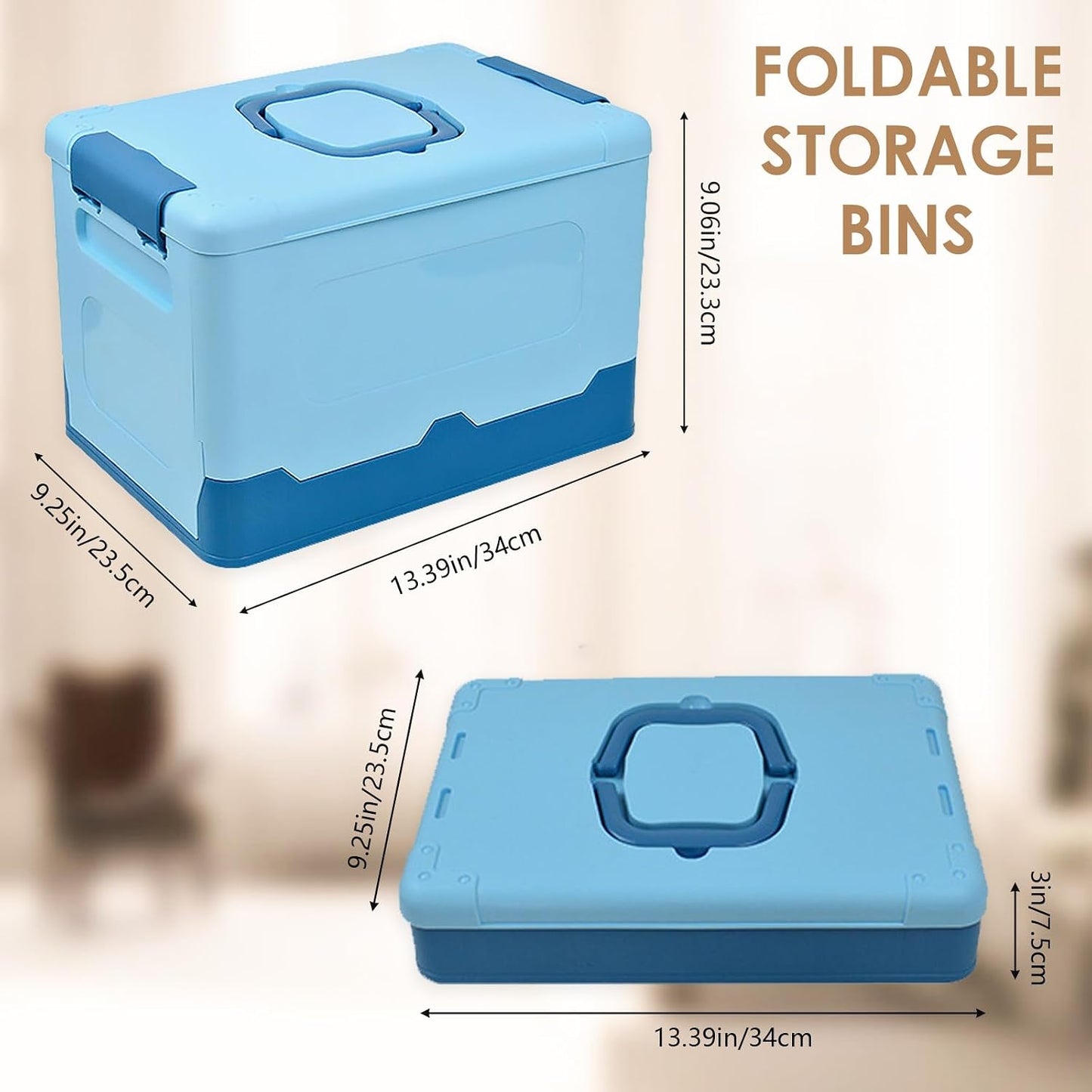 Foldable Storage Box with Lid, Portable Plastic Tool Box, Stackable Storage Container for Shelf Organization, Cute Multi-Purpose Storage Bin for Everyday Items (Blue)