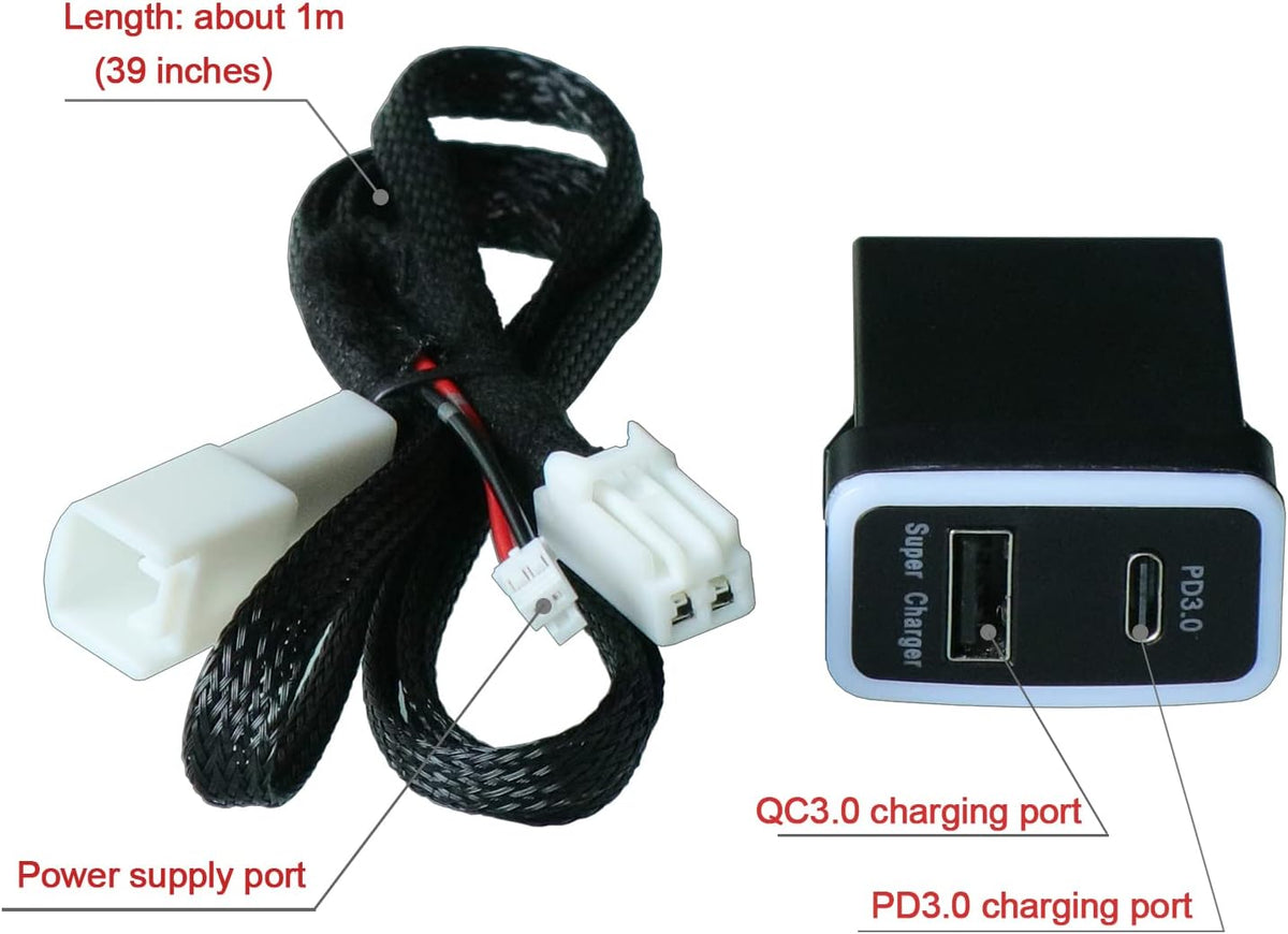QC3.0 +PD3.0 USB Power Socket, 60W Output, Type C & Quick Charge 3.0 Car Charger USB Adapter for Smart Phone PDA iPad iPhone Android GPS Use for Toyota Vigo,Size 1.6"x0.9"x2.2" (Type B)