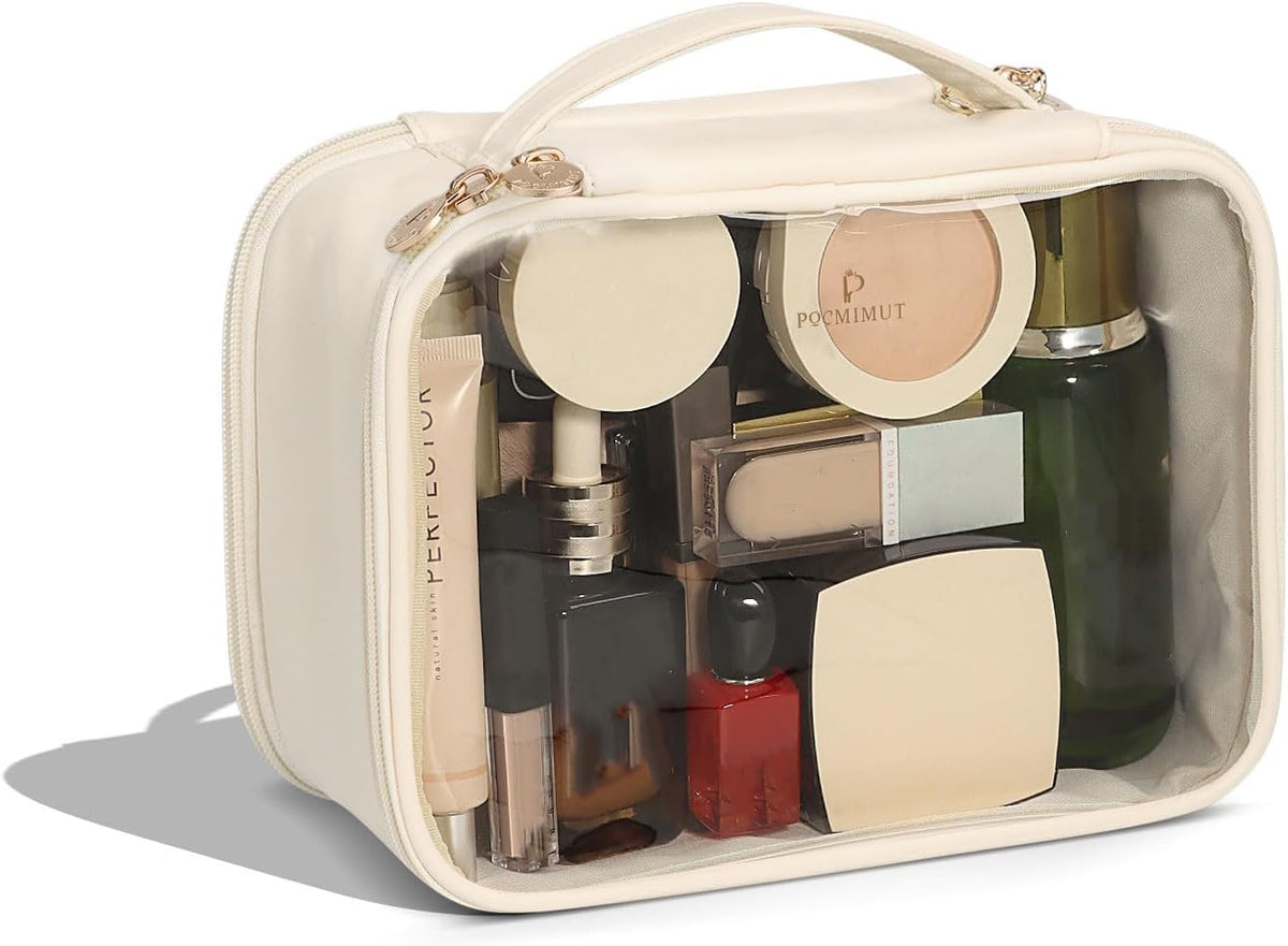 Pocmimut Clear Makeup Bag,Double Layer Large Cosmetic Bag with Makeup Brush Bag,TSA Approved Toiletry Bag Makeup Case Car Accessories Travel Essentials Organizers for Women,Begie