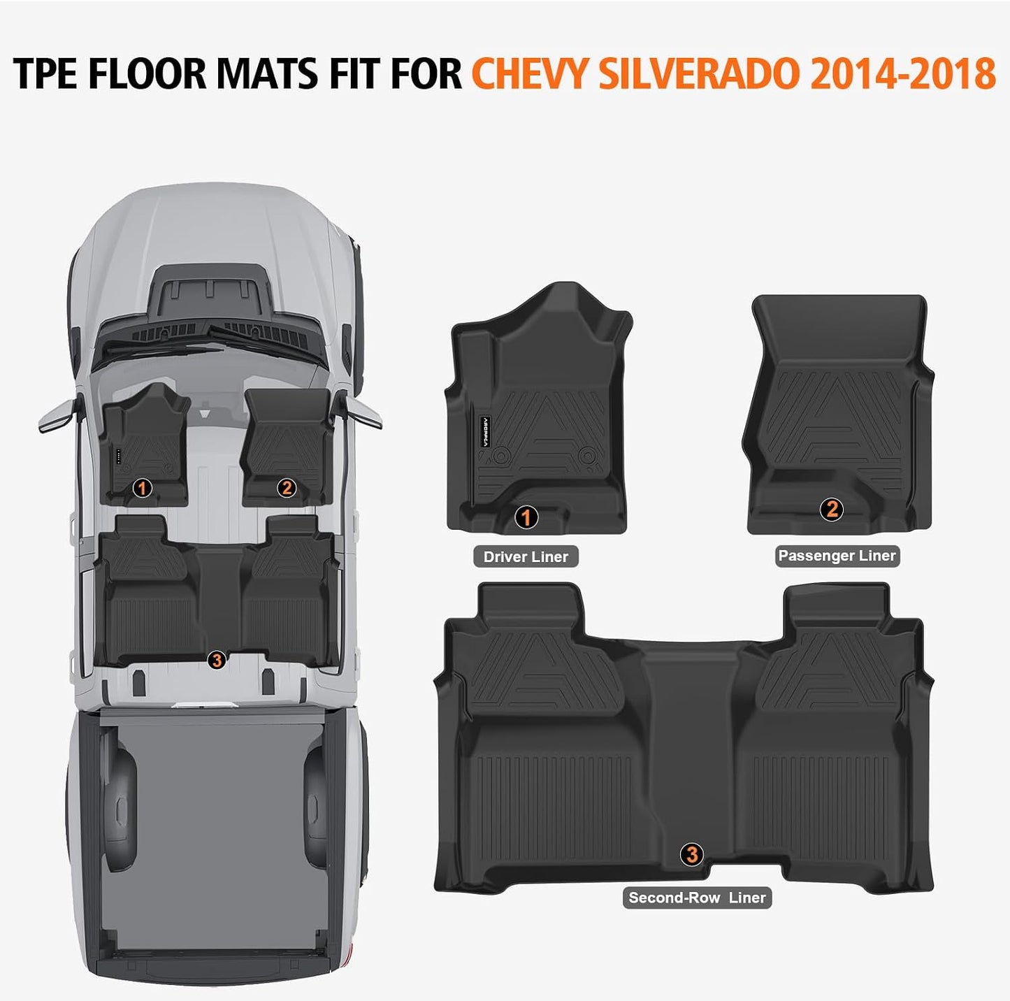 All Weather Car Floor Mats for 2014-2018 Chevrolet Chevy Silverado/GMC Sierra 1500 Crew Cab, 2015-2019 Silverado/Sierra 2500 HD/3500 HD Crew Cab, TPE Floor Liners for Chevy Silverado Accessories