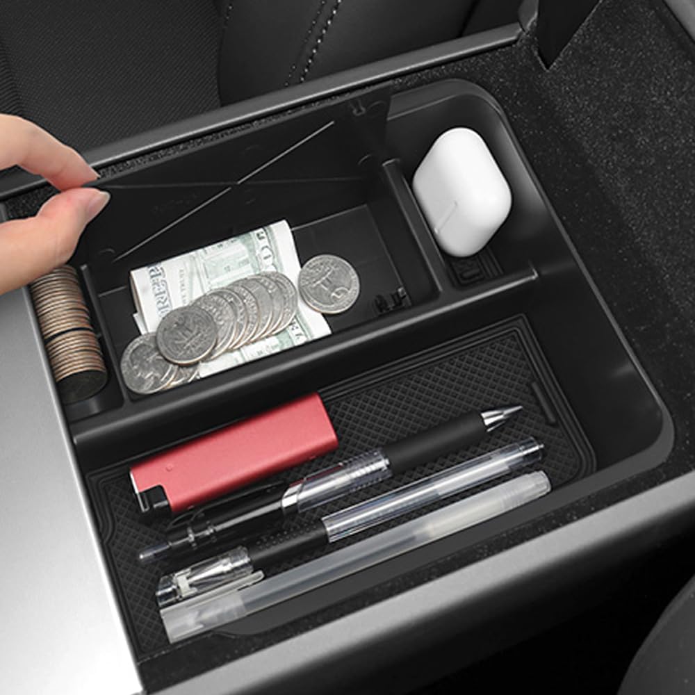Center Console Organizer Hidden Box Compatible with Tesla 2021-2024 Model Y & 2021-2023 Model 3 Accessories (Not Fit Model 3 Highland) ABS Plastic Material Armrest Secondary Storage Box