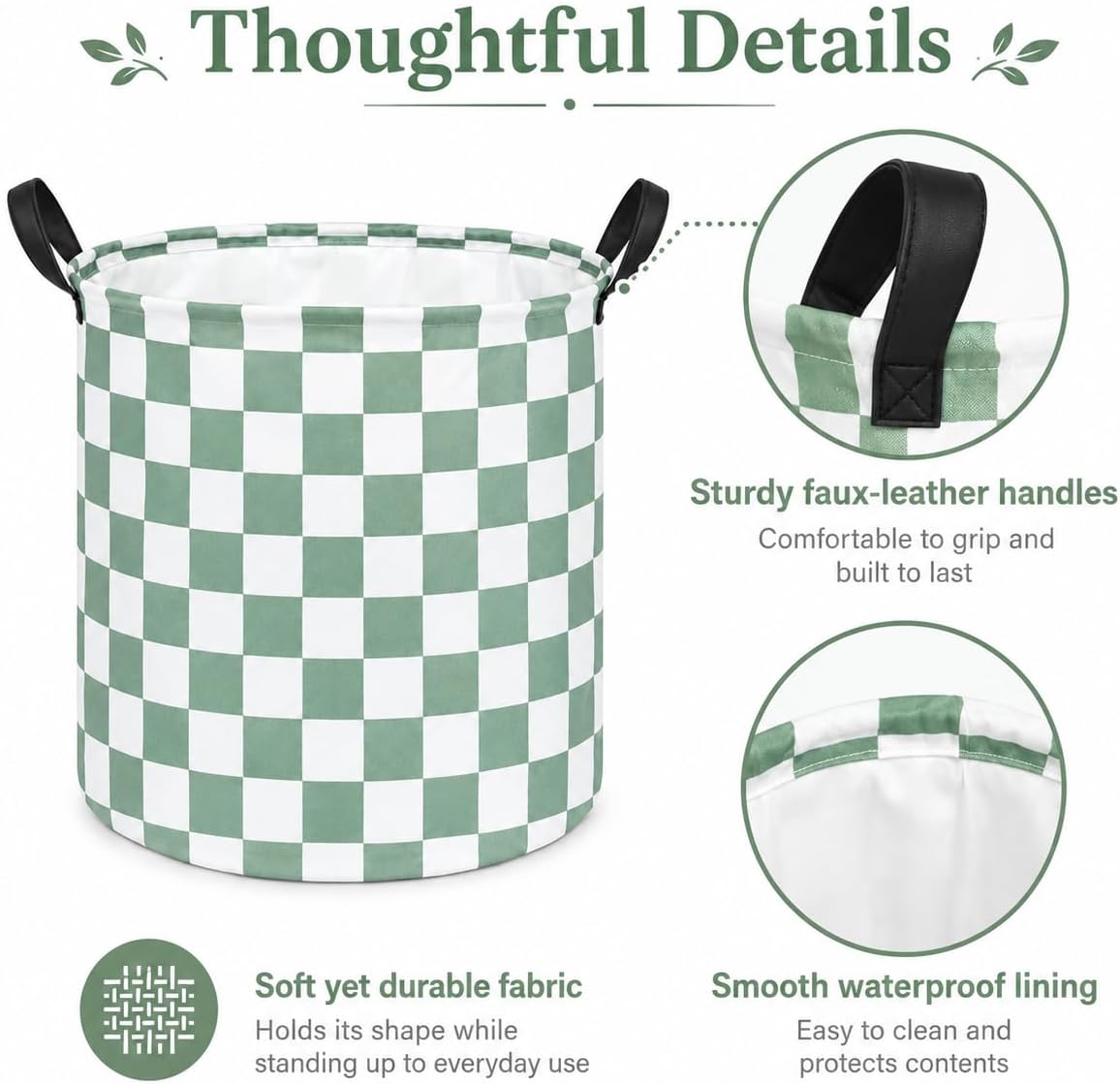 MAIZMZ 3 Pack Sage Checkered Storage Baskets Kids Hamper, 15.7"D x13.3"H, Waterproof Lining, Leather Handles, Collapsible for Laundry, Toys, Clothes, Gift Set