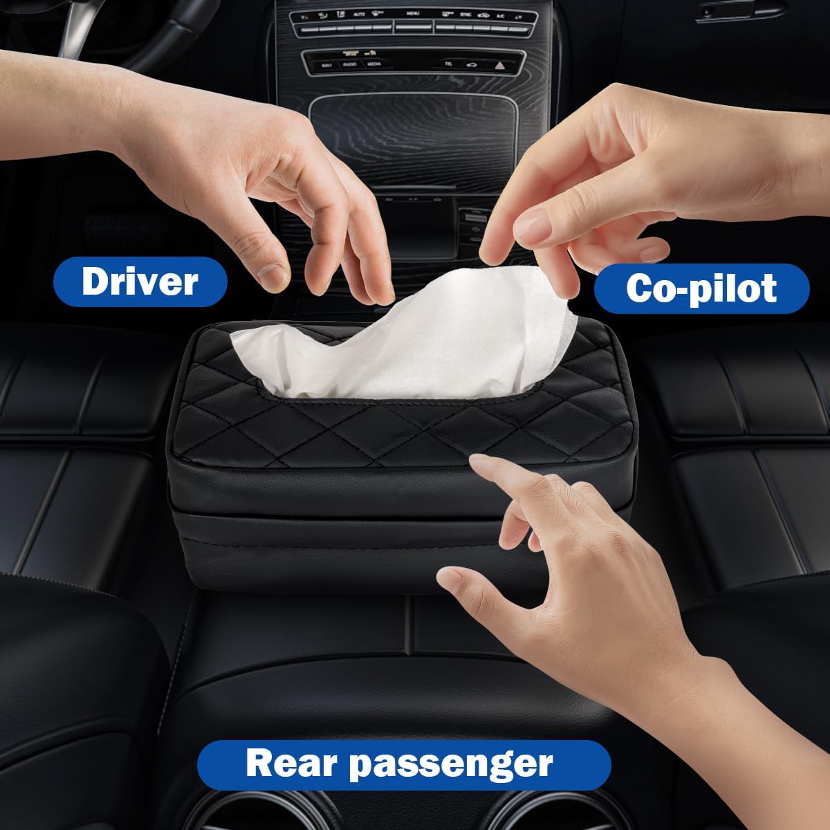 Car Tissue Holder - Standard Pu Leather Napkin Holder for Backseat, Extra Large Organization Fits 120-230 Tissues Per Box, 9.84'' X 4.72'' X 5.91'', Black