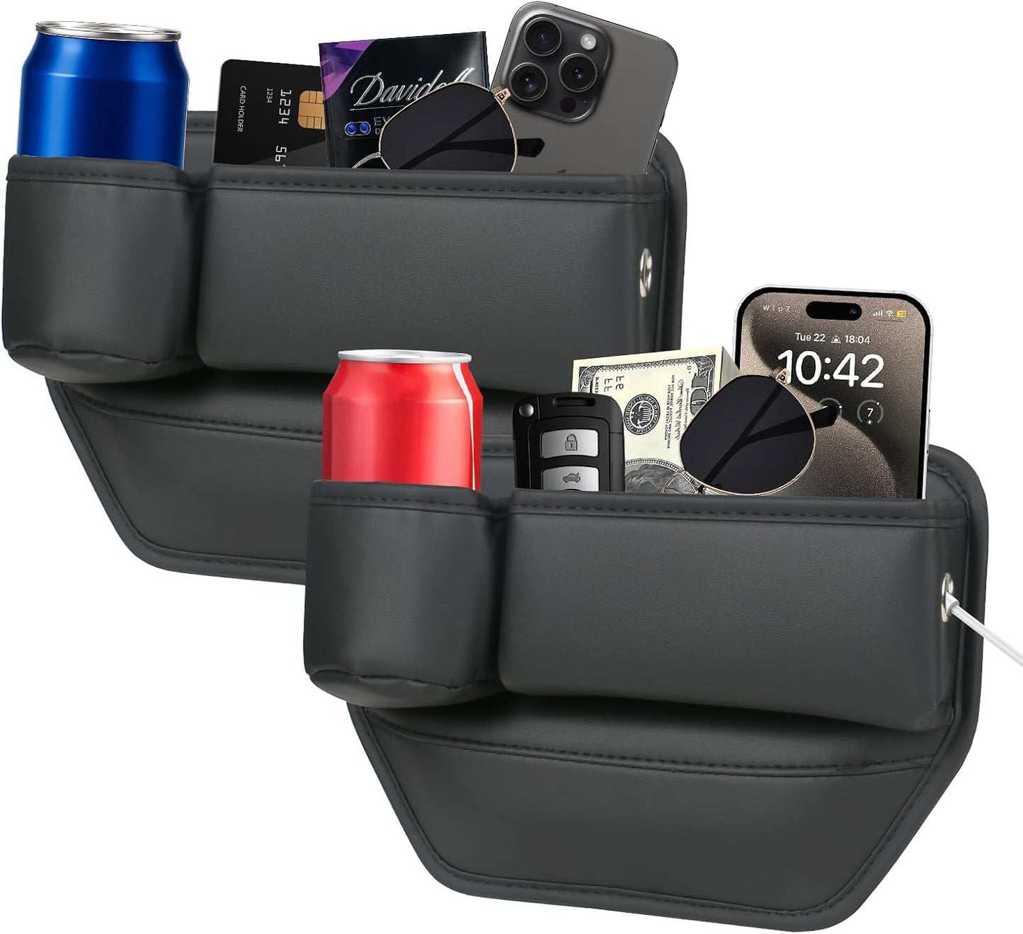 TPQKA Car Seat Gap Filler with Cup Holder (2-Pack) for Driver & Passenger Side, PU Leather Seat Gap Plug Organizer for Phones Keys Cards, Universal Fit for Cars SUVs Trucks, Black