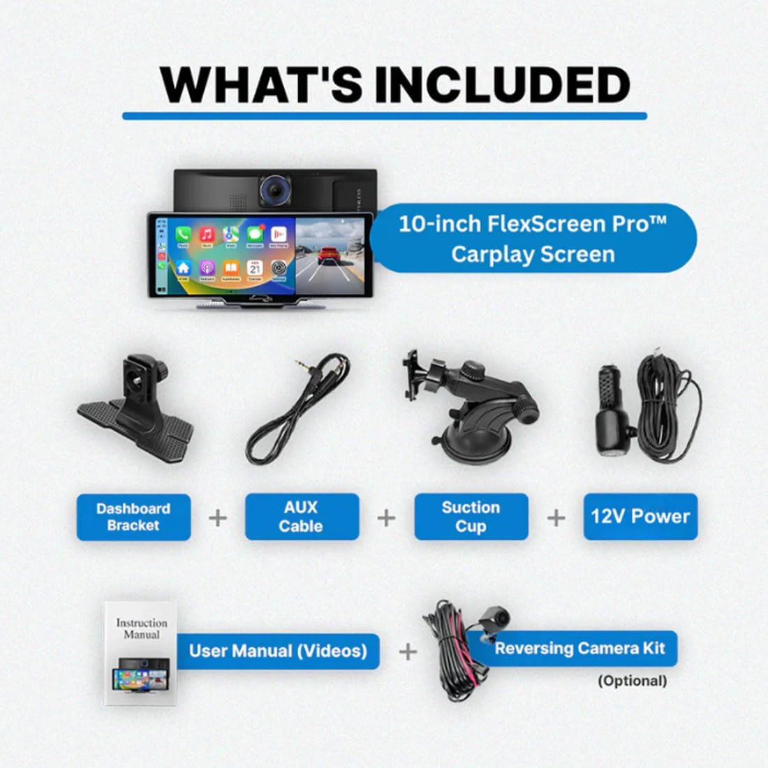 Flexscreen Pro (2025 Model), 10.26" HD Portable Carplay & Android Auto Screen, 4K Dash Cam Front and Rear with Voice Control, Mirror Link, Bluetooth, GPS Navigation, AUX/FM (with Reverse Camera)