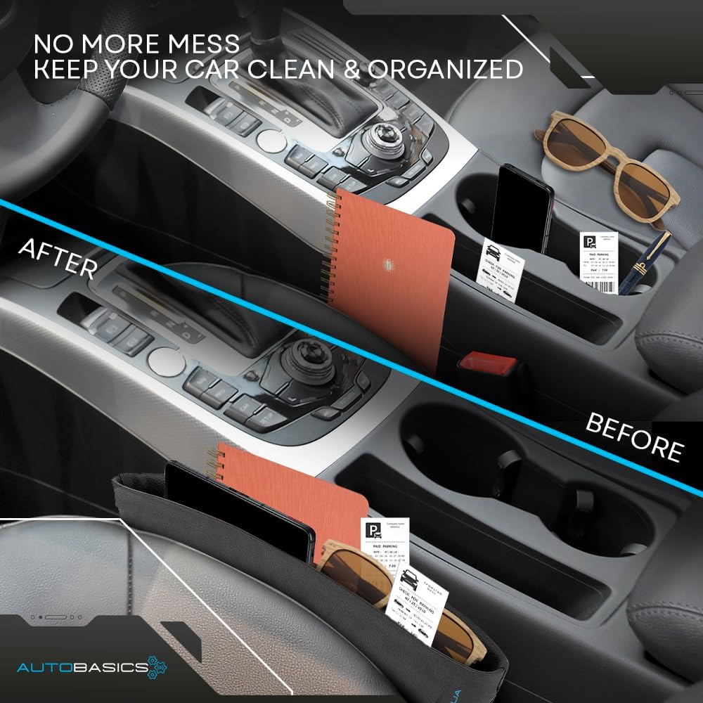 Multifunctional Car Seat Gap Filler Organizer – Front Seat Gap Stopper - Storage Solution for Travel Essentials, 2 Pack – Durable Caddy with Easy Catch Design for Cars, SUVs, Trucks