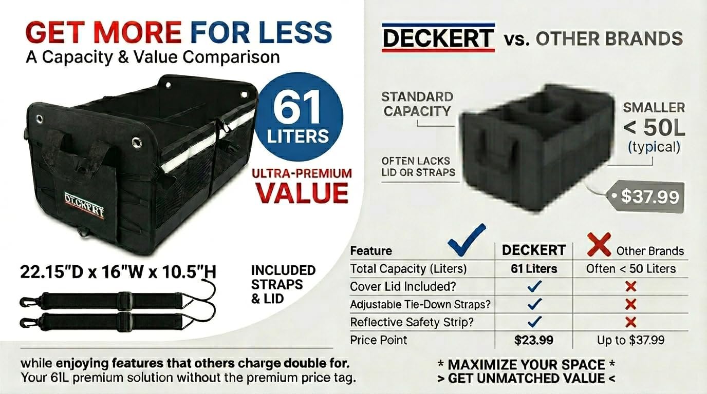 Deckert Large Size 61L Car SUV Trunk Organizer, 600D Oxford Polyester, Collapsible, Multi compartments, Securing straps, Suitable for any car type, Black with Reflective Stripes