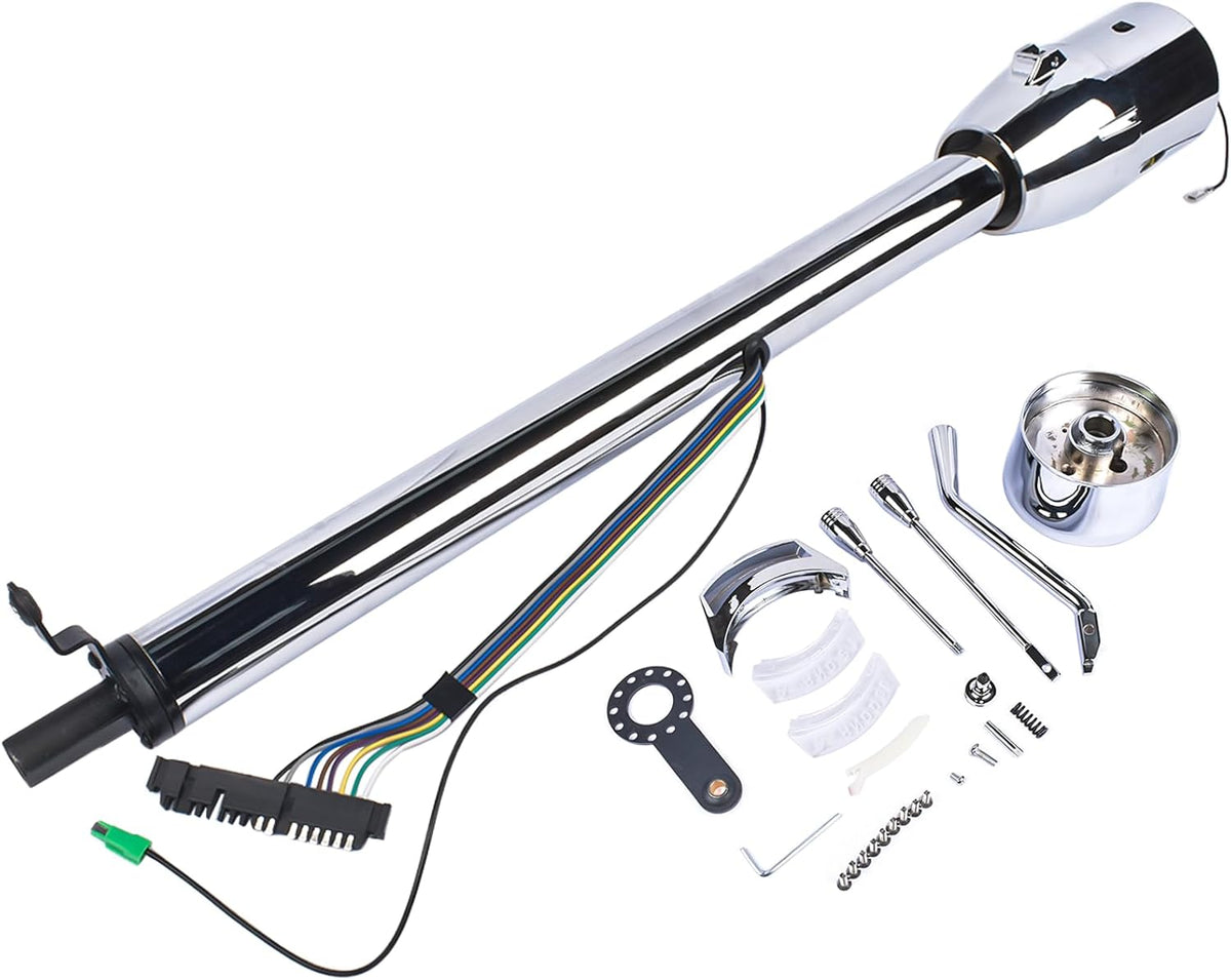 32" Chrome Automatic Tilt Steering Column Floor Shift Replacement for Chevy GM Hot Rod No Key w/ 9 Hole Adapter R91002C-32 Stainless Steel