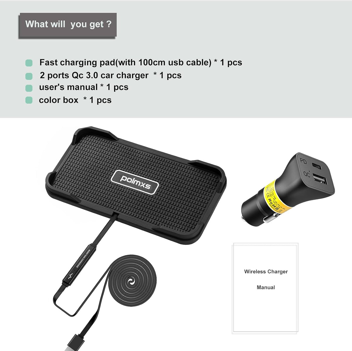 Wireless Charger Car Charging pad,Polmxs 15W Fast Wireless Phone Charger Cell Phone Cordless Charging mat Compatible with iPhone 11/12/12/14/15 Galaxy S21/S22/S23/24 (C12Y)