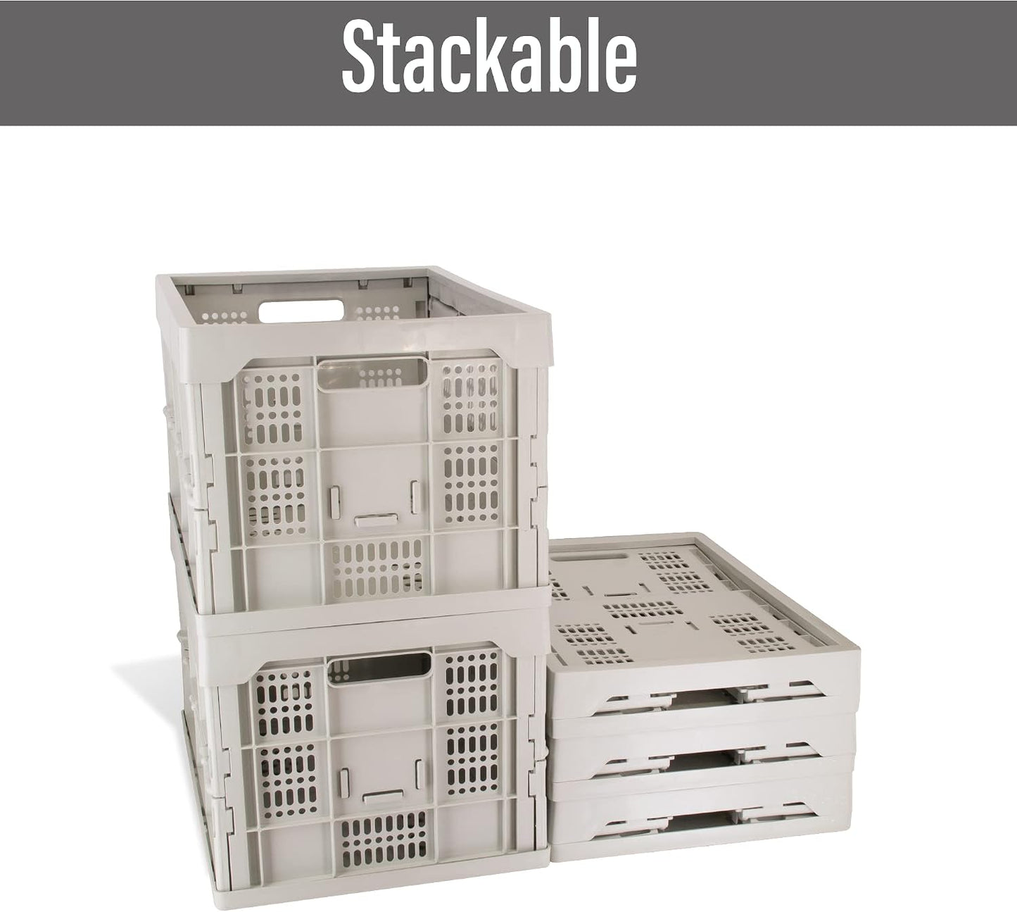 52L Collapsible Heavy Duty Storage Bin/Container, Stackable Folding Plastic Bin, Grated Wall, Utility (1, Square, 52, Liters, Bin Grey)