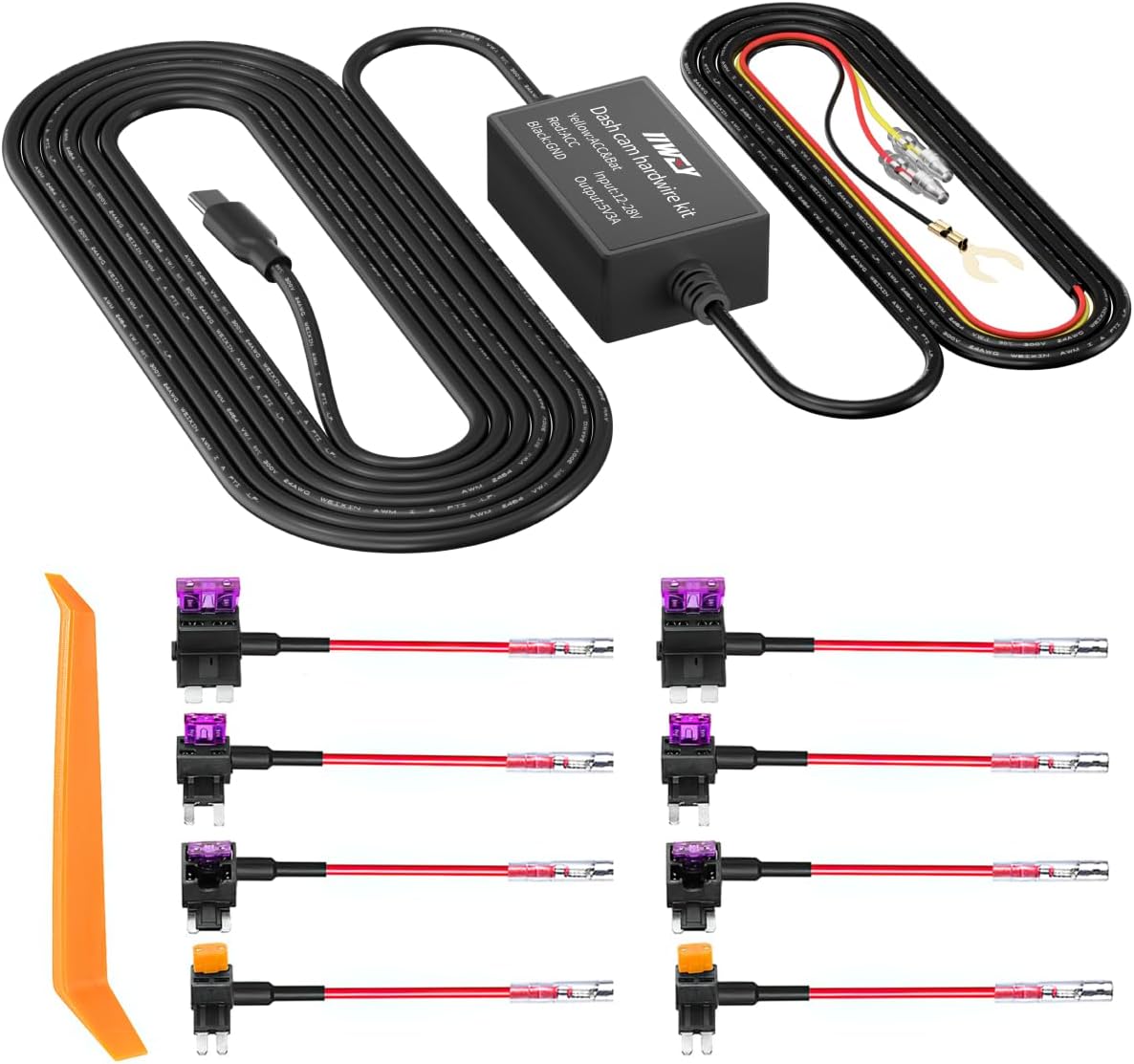 Dash Cam Hard Wire Kit for IIWEY N5/N5 PRO/N6/N7/C3 PRO/C4 PRO/Q7/N9 Model, 4 Meter Dashboard Camera Car Charger Cable Kit, 12V- 24V to 5V,3A Power Adapter with LP/Mini/ATO/Micro2 Fuse for Dash Cam