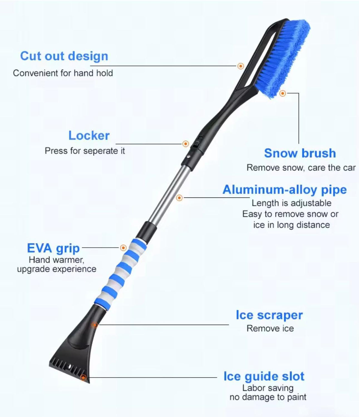 Extendable Snow Brush and Ice Scraper with Waterproof Gloves, 30.4-37.4 Inch Adjustable Length, Detachable Winter Car Cleaning Kit, Blue and Black