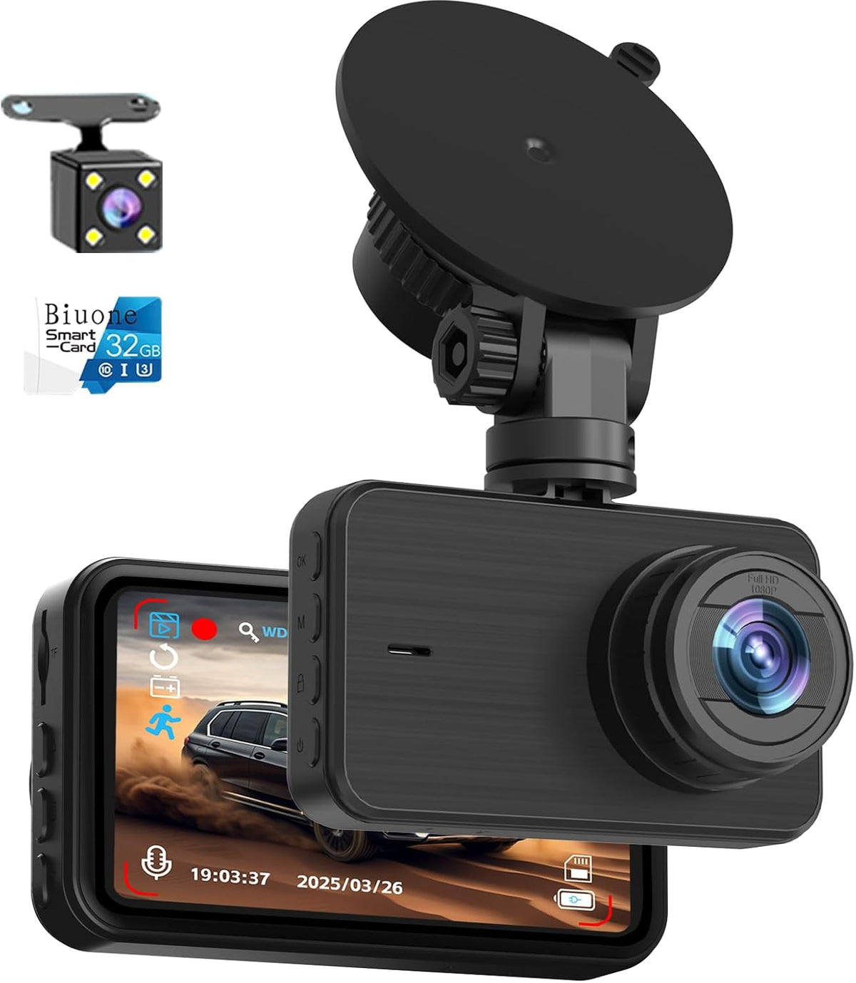 1080P Front and Rear Dash Cam, 3-in IPS Car Cam W/32GB Card