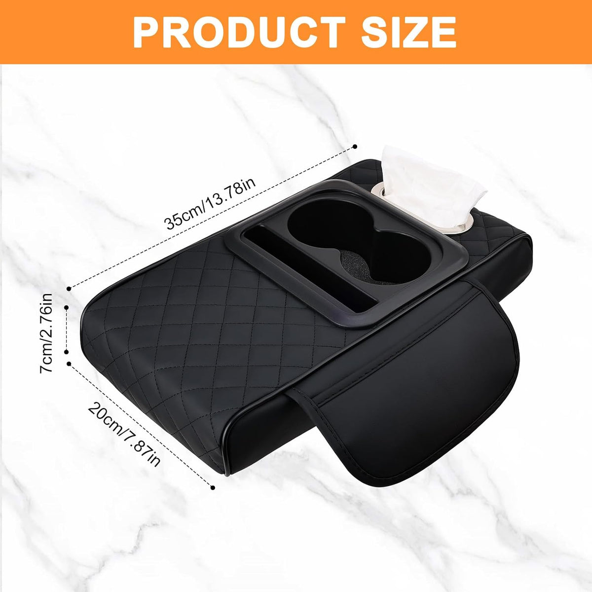 Car Armrest Cushion,Multifunctional Leather Console Cover with Cup Holders,Center Console Armrest with Tissue Box Slot & Phone Storage,Car Interior Accessories,Black