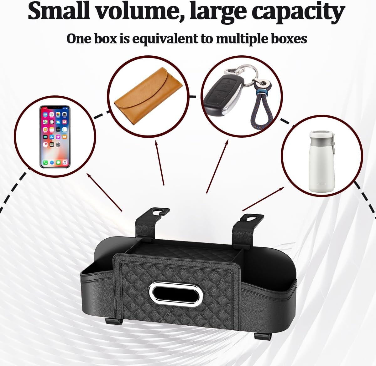 Car Seat Back Organizer, Multifunctional Vehicle Headrest Storage Box with Hooks and Phone Holder, Automotive Backseat Tissue Cup Holder Accessories, Universal for SUV Sedan Truck (Black)
