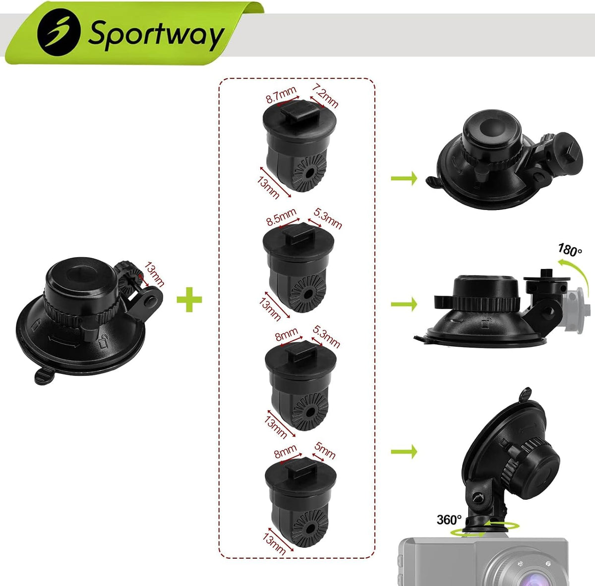 Sportway S504 Pro Dash Cam Mount (5th Gen) 360°+180° Secure Adjustable View