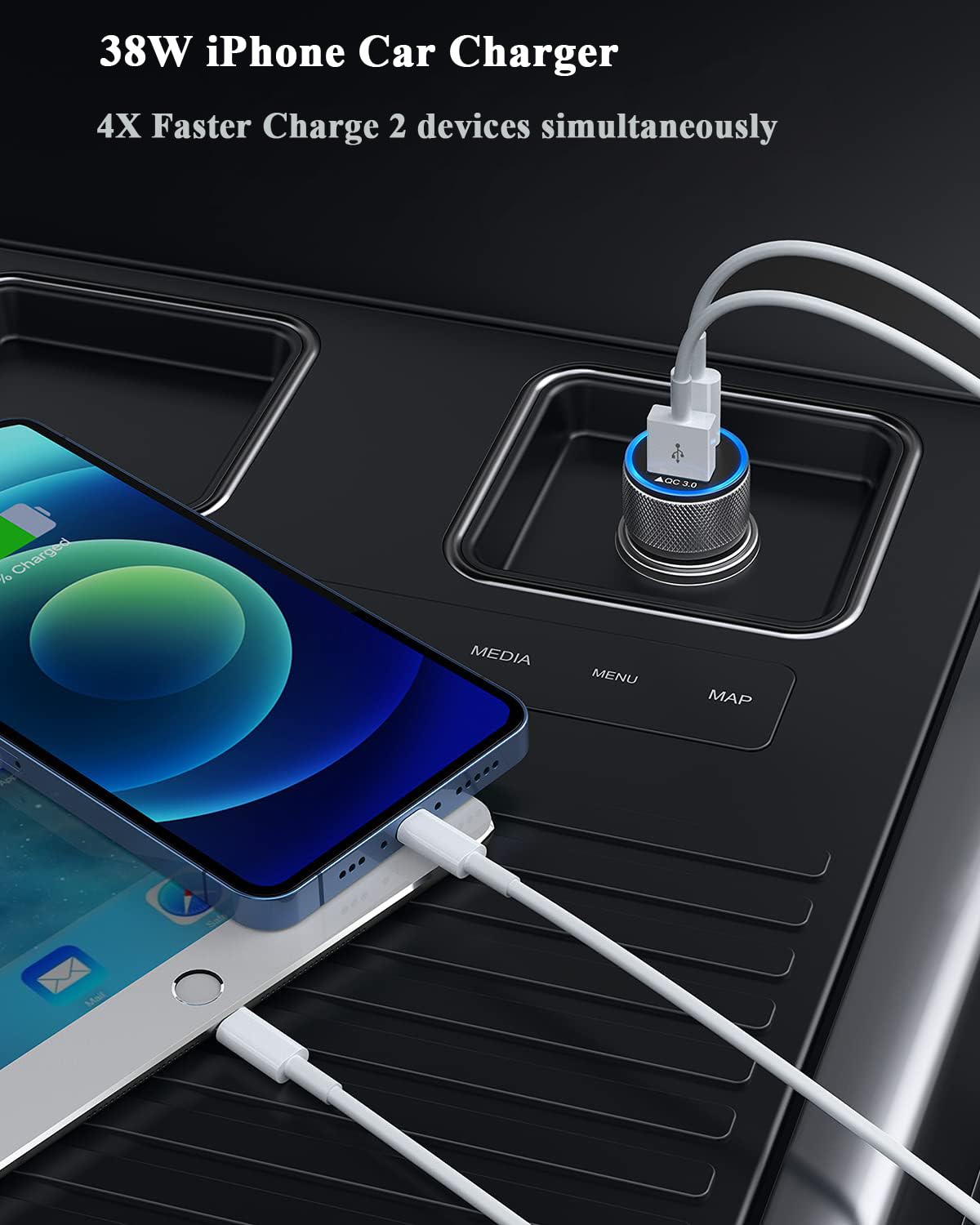 iPhone Car Charger,【2Pack】38W Dual Port USB C+QC3.0 [Apple MFi Certified] Fast Charging Cigarette Lighter iPhone Charger Car Adapter with【2 Pack】Lightning Cable for iPhone 14 13 Pro Max 12 11 X - Grey