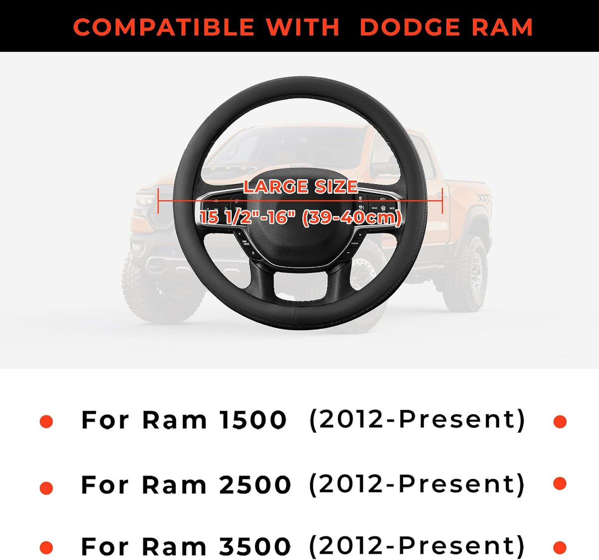 Steering Wheel Cover for Dodge Ram 1500 2500 3500 2012-2026, Black