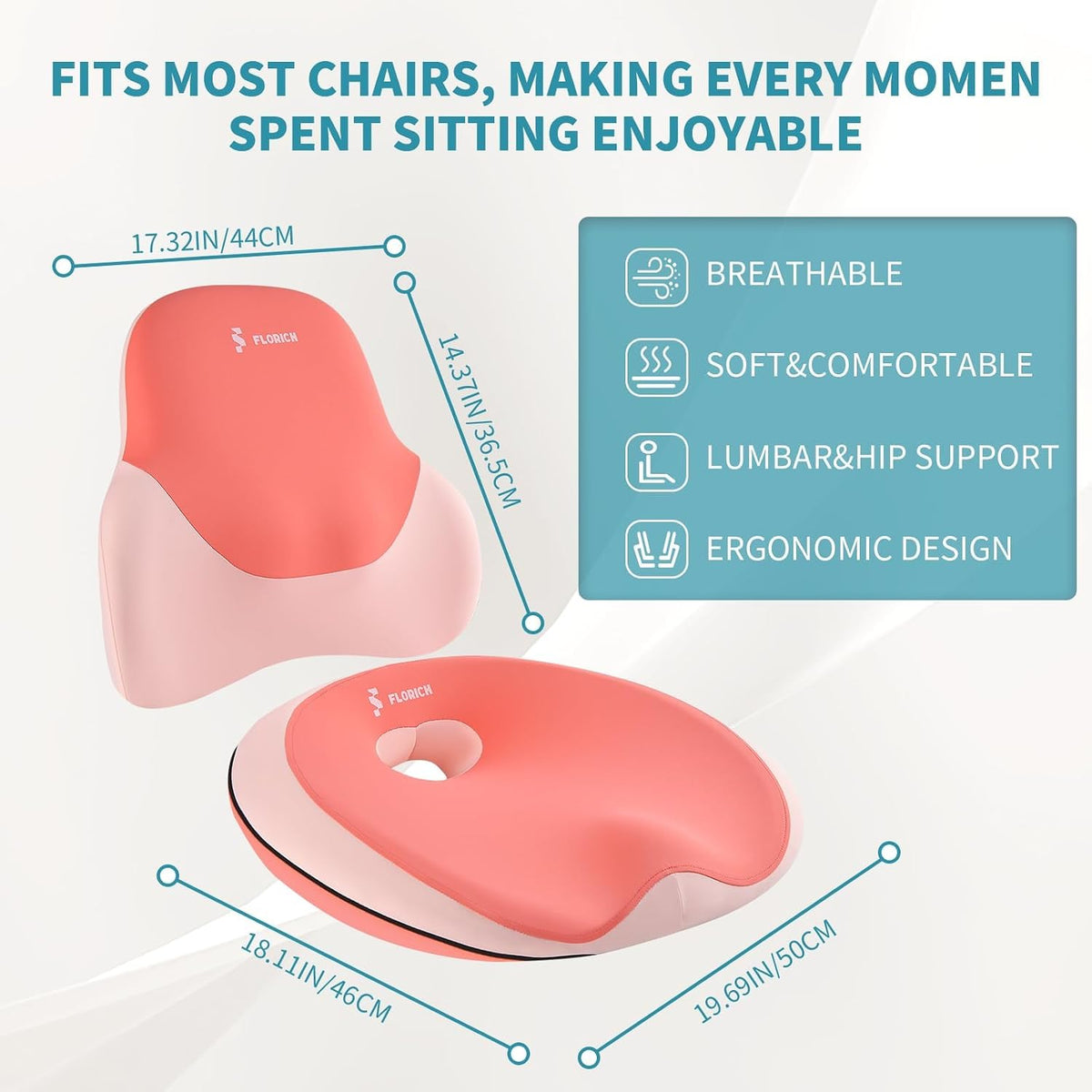 FLORICH Seat Cushion and Lumbar Support Pillow for Office Chair Car Neck Headrest Pillow Memory Foam Seat Pads Pressure Relief Back Cushion and Carseat Pads(Purple Pink)