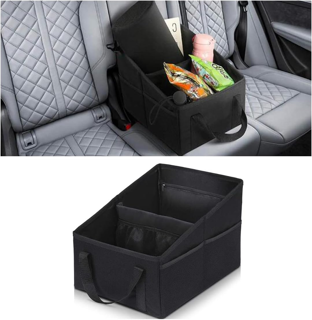 GLSOWEE Car Seat Organizer, Foldable Car Storage Organizer with 4 Cup Holders, Rear & Front Seat Storage Bags, Black
